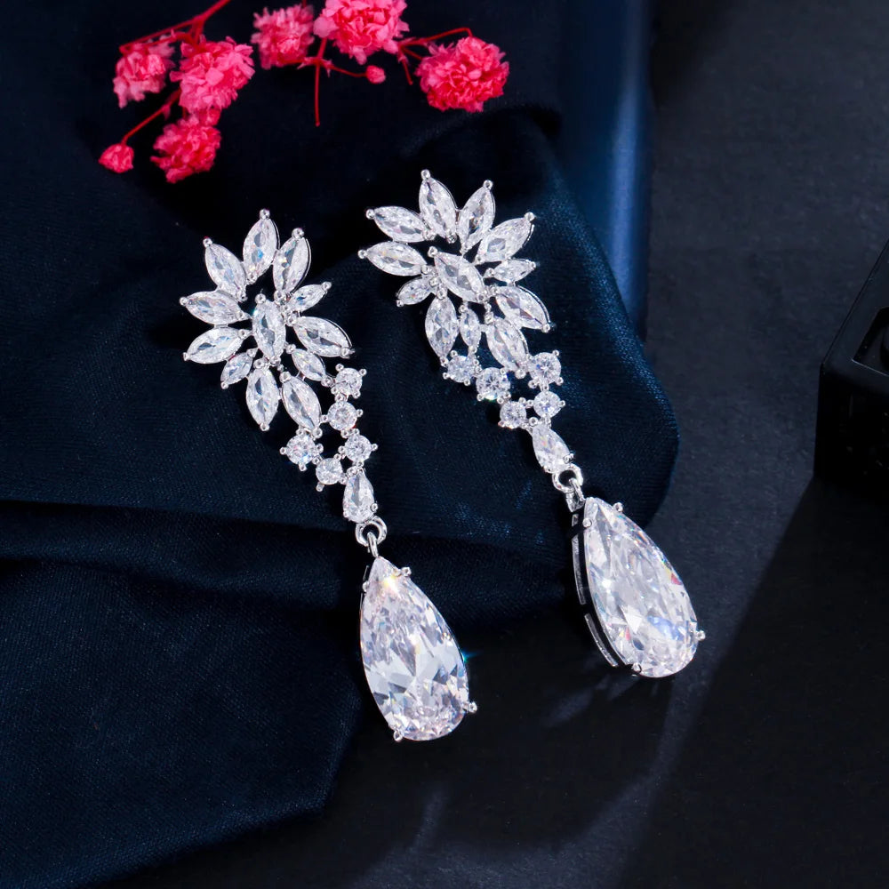 Bling Bling Cubic Zirconia Marquise Cut Leaf Long Water Drop Earrings for Women Wedding Bridal Jewelry