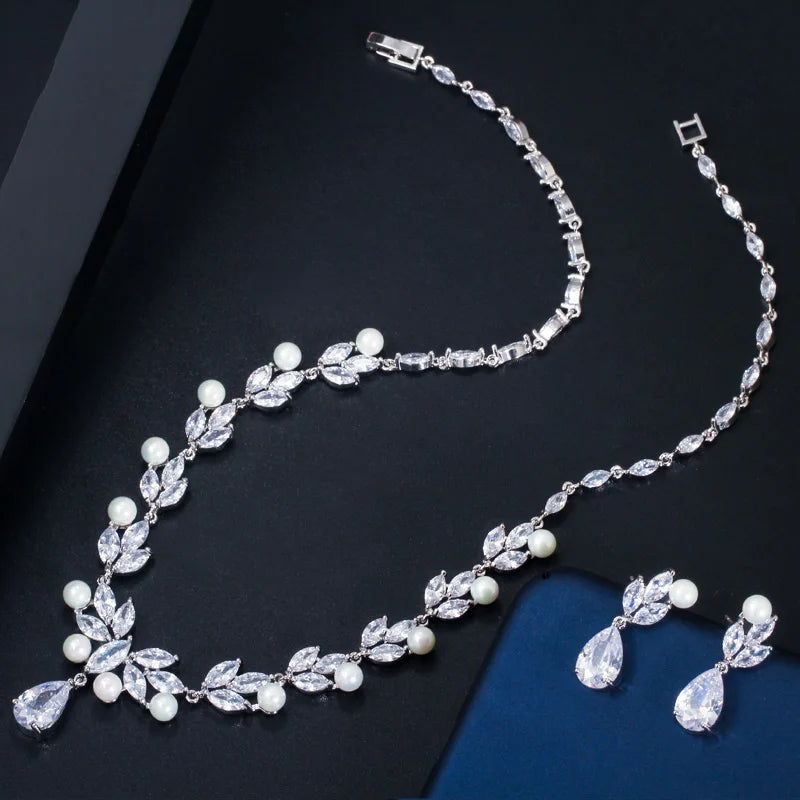 Pearl and cubic zirconia leaf necklace with matching teardrop earrings