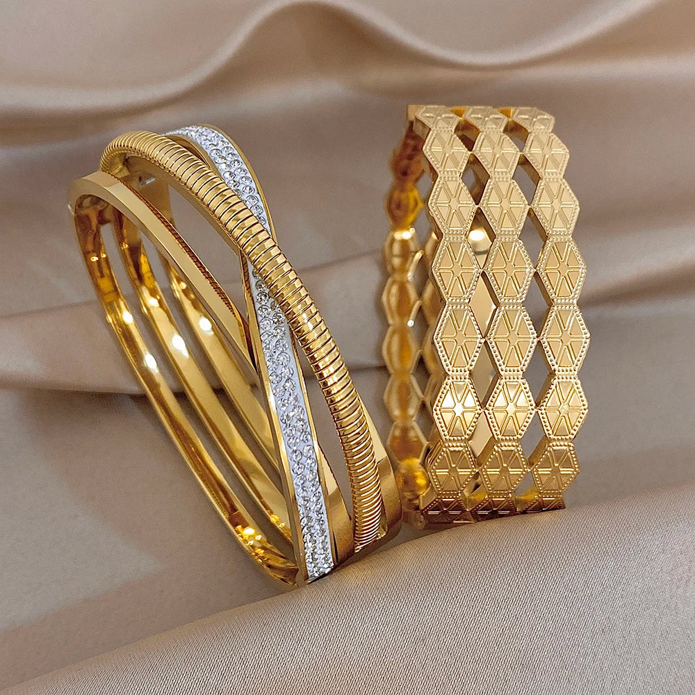 Chunky Gold Plated Stainless Steel Bangle Bracelets Exaggerated Hollow Geometric Textured Cuff Bangles Waterproof Jewelry Set