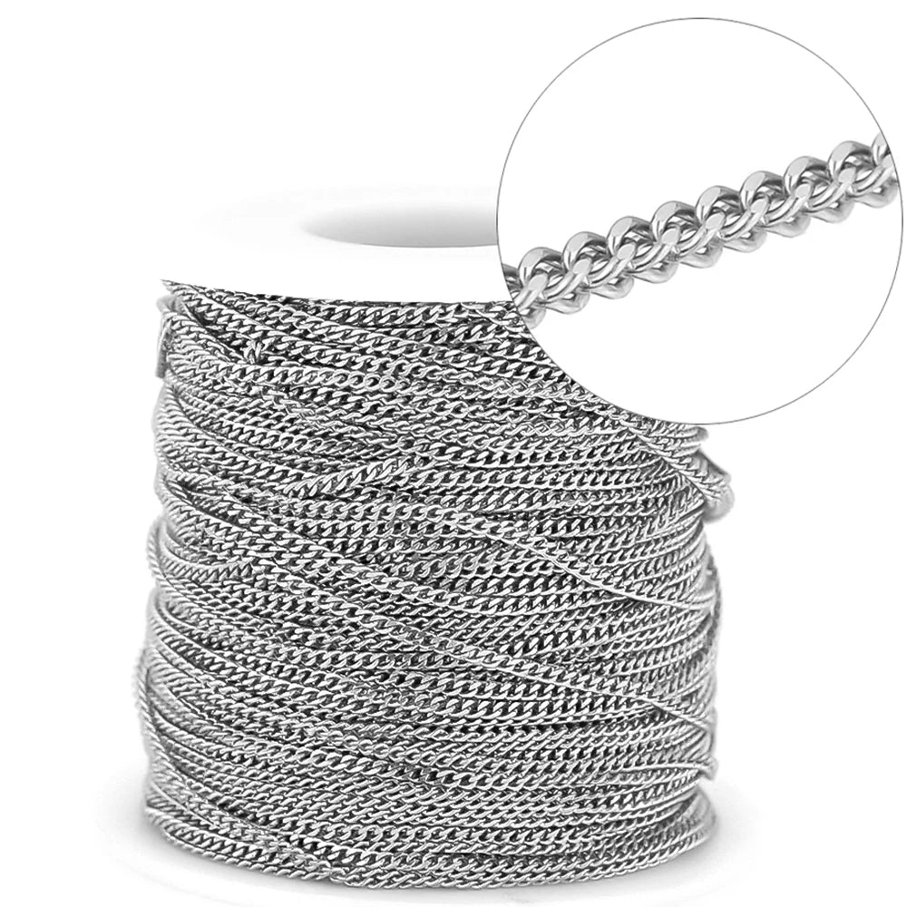 Silver steel curb Cuban link chain on spool with interlocking links