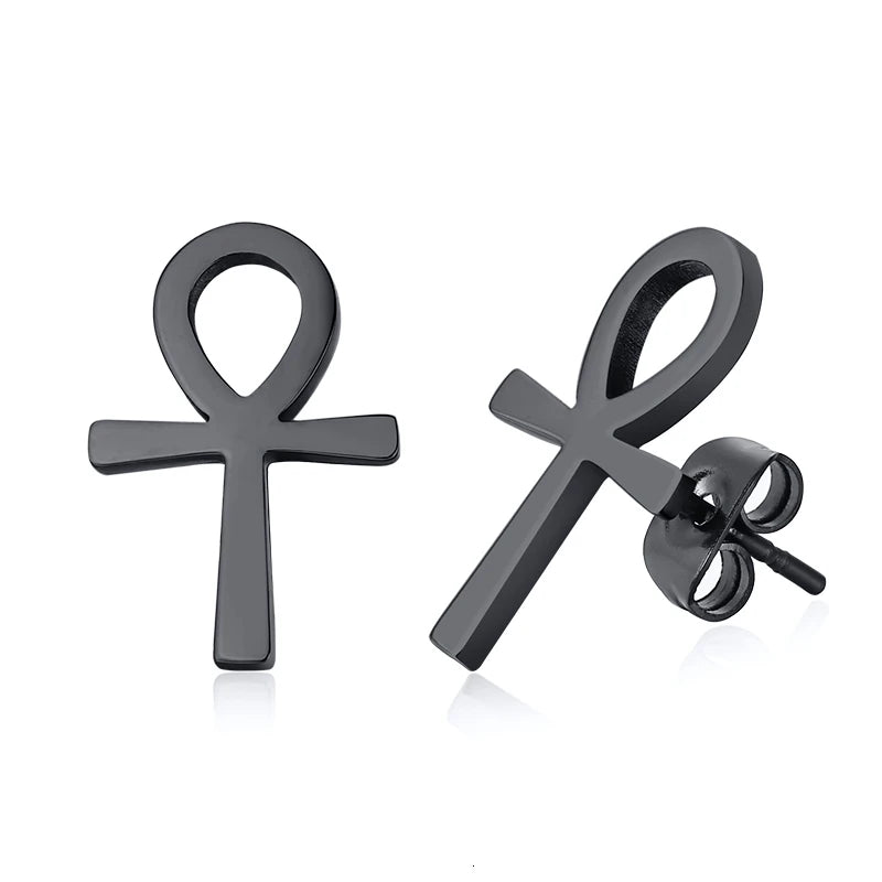 Black ankh cross stud earrings with post backs, glossy finish
