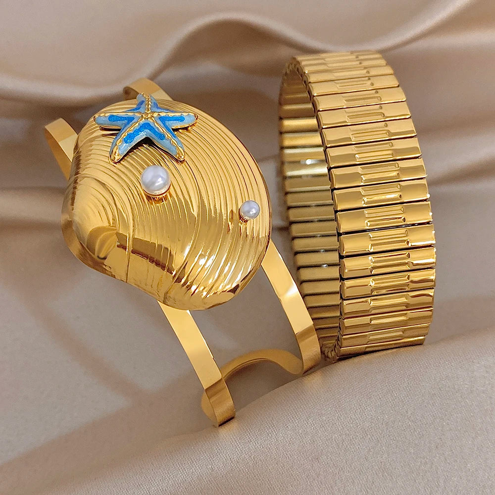 Fashion Gold Plated Stainless Steel Bracelet for Women High Quality Starfish Seashells Cuff Bangle Bracelets Waterproof Jewelry