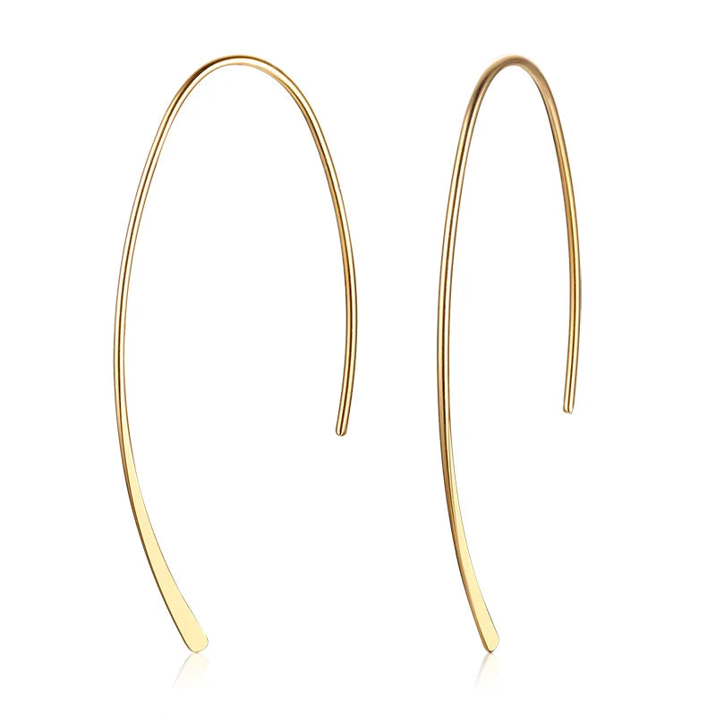 Pair of gold-tone open hoop earrings with long, slender curved wires