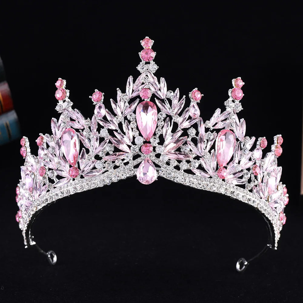 Pink crystal teardrop tiara crown with oval gems and sparkling rhinestone band