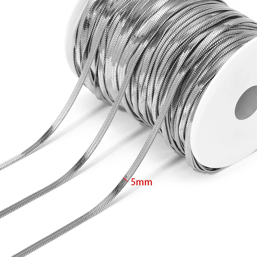 Silver flat snake chain cord, 5mm width, on white spool