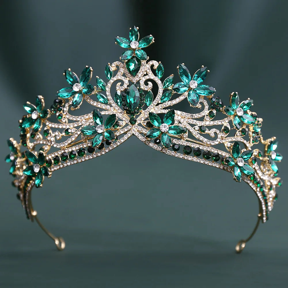 Baroque Crystal Flower Blue Opal Tiaras For Women Party Luxury Bride Diadem Rhinestone Crown Hair Accessories Jewelry