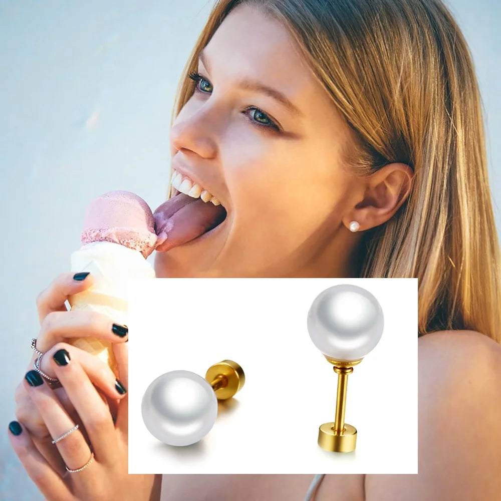 Gold stud earrings with large white pearl-like ball tops
