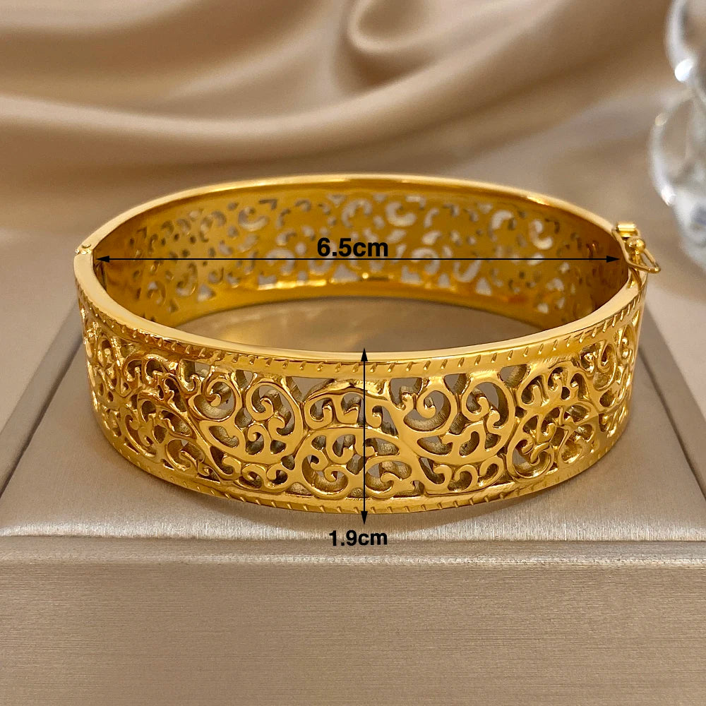 Vintage Palace Geometric Carved Flower Bracelet for Women Chunky Gold Plated Stainless Steel Cuff Bangles Waterproof Jewelry