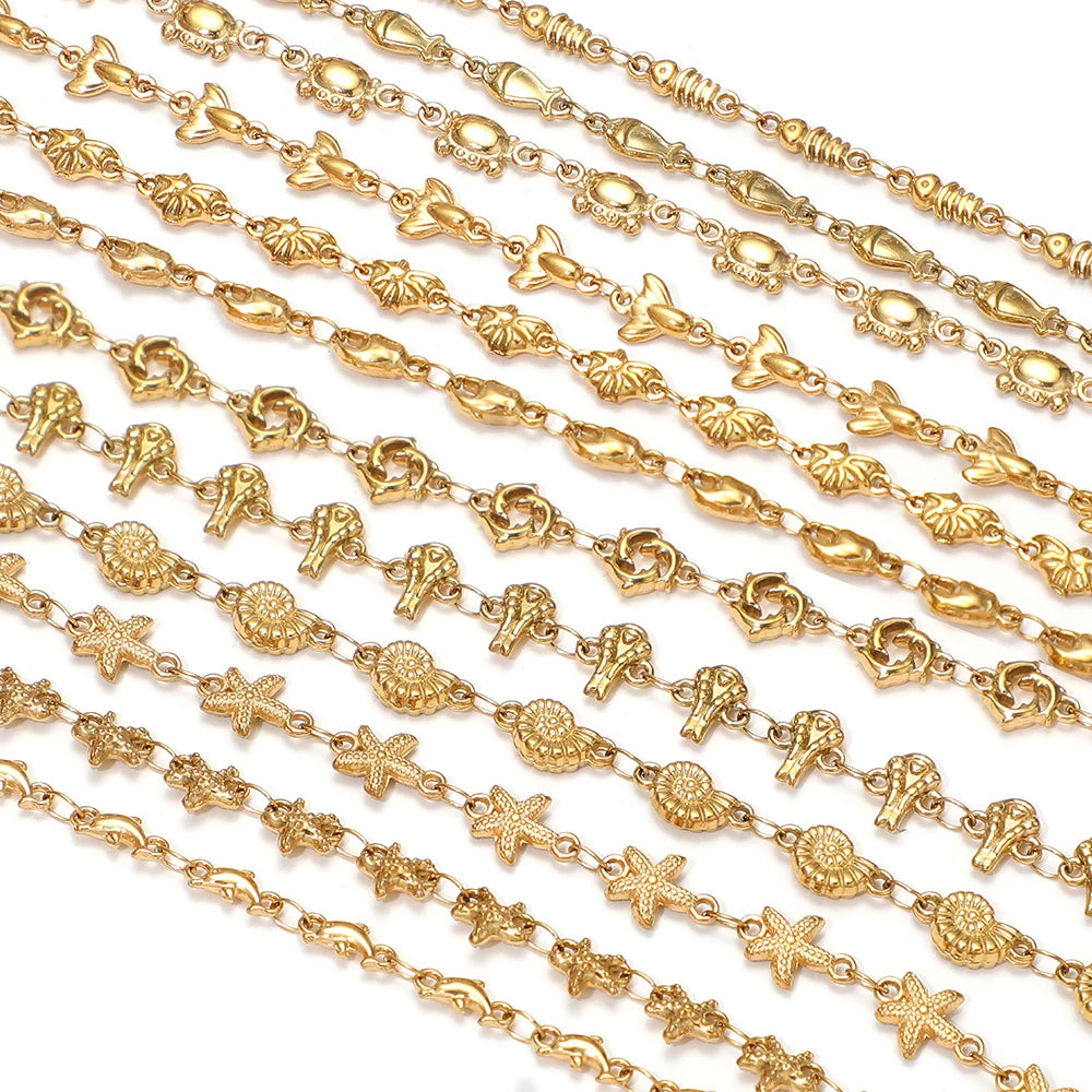 Gold sea-animal charm chain with starfish and shell links, for DIY jewelry making