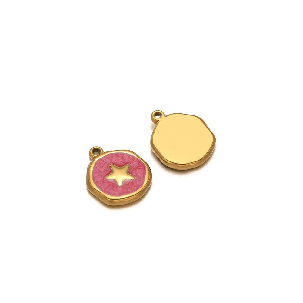 Enamel heart charm pendant with pink enamel and gold star on round gold bezel