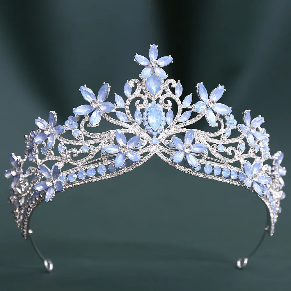 Baroque Crystal Flower Blue Opal Tiaras For Women Party Luxury Bride Diadem Rhinestone Crown Hair Accessories Jewelry