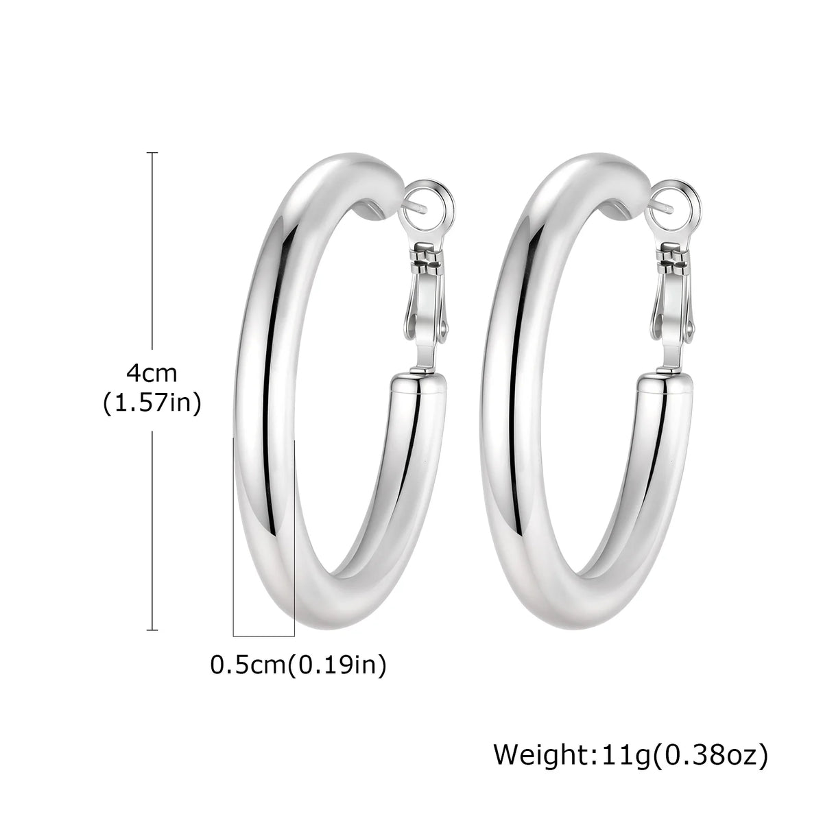 Silver-tone chunky hoop earrings, 4 cm tall and 0.5 cm wide, with hinged clasps