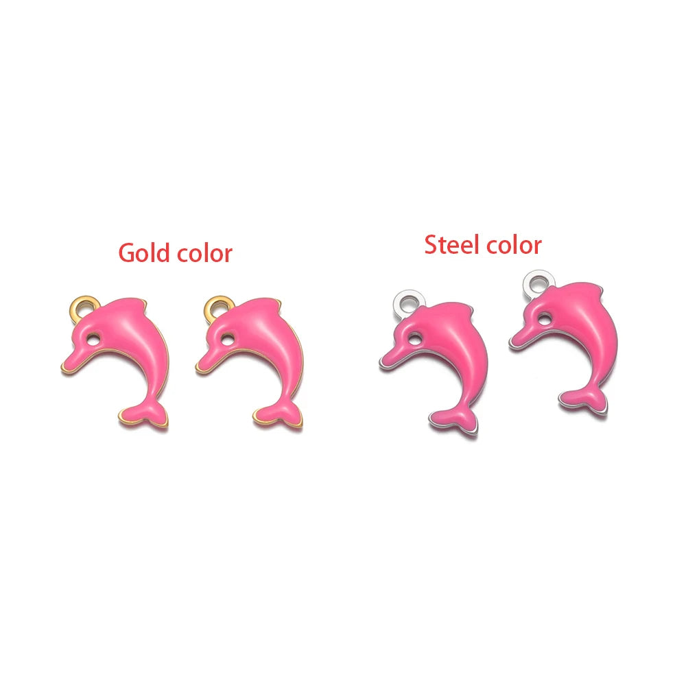 Pink dolphin pendant charm with gold-tone loop, marine animal jewelry finding