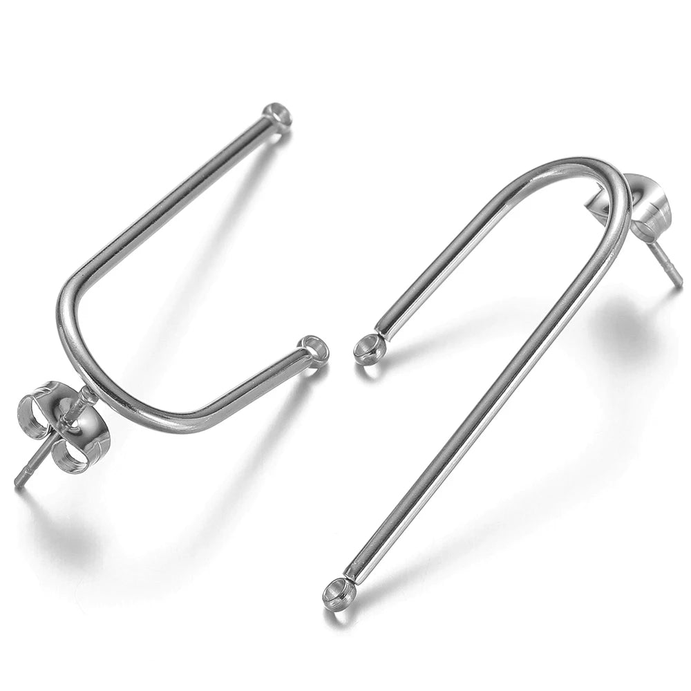 Silver long stick ear wire hooks connectors, close-up with flat post backs