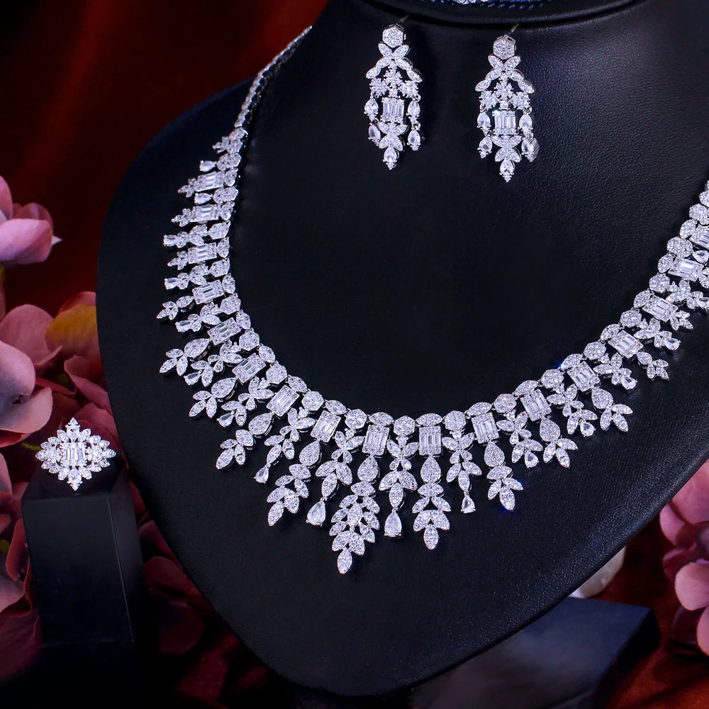 Cubic zirconia chunky necklace with matching drop earrings and ring