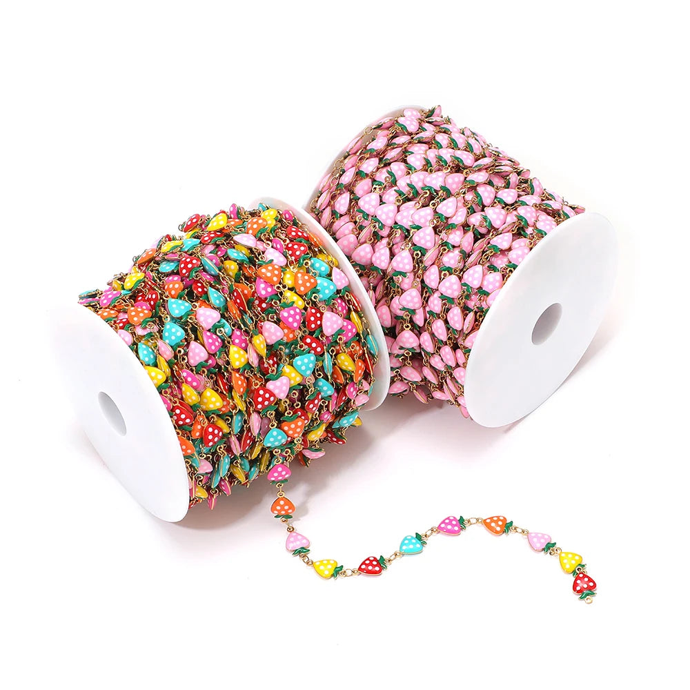 Enamel strawberry charm chain on spools, pink and multicolor, DIY jewelry bracelet length