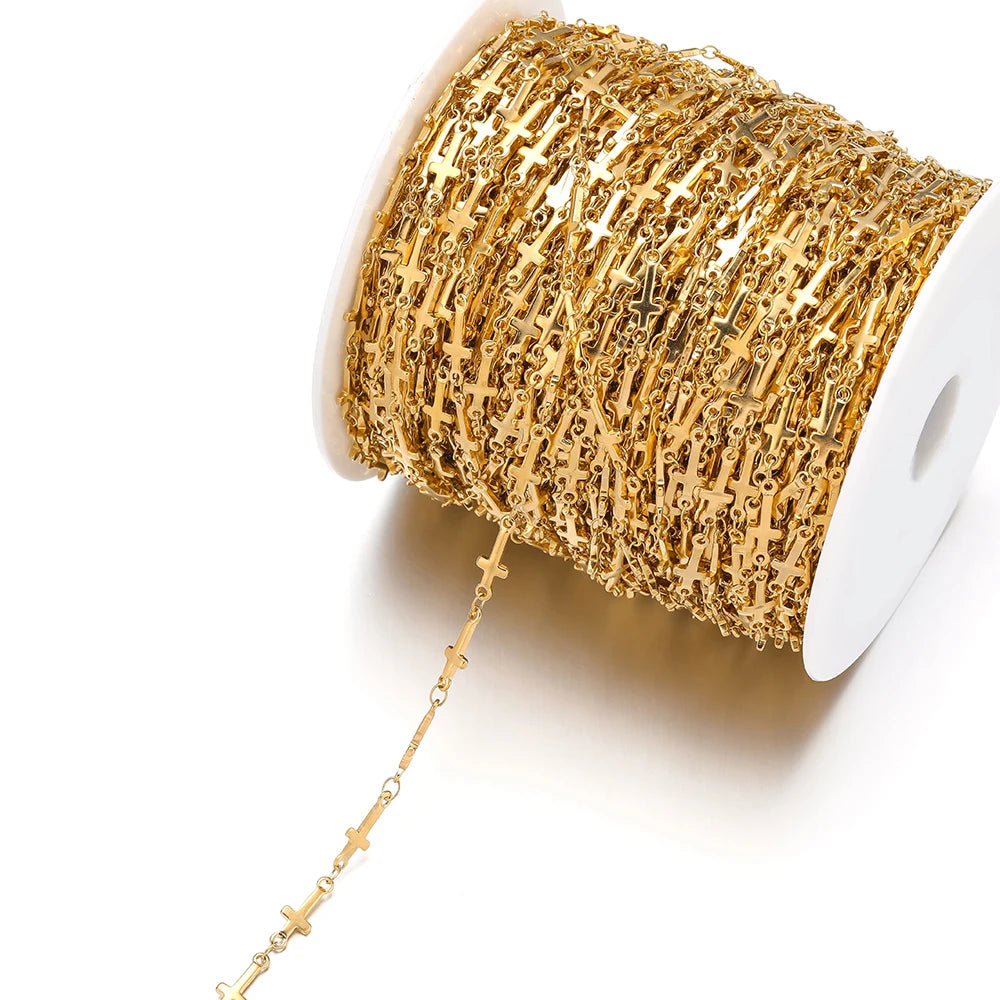 Gold cross chain link bracelet necklace chain on spool, small cross connectors
