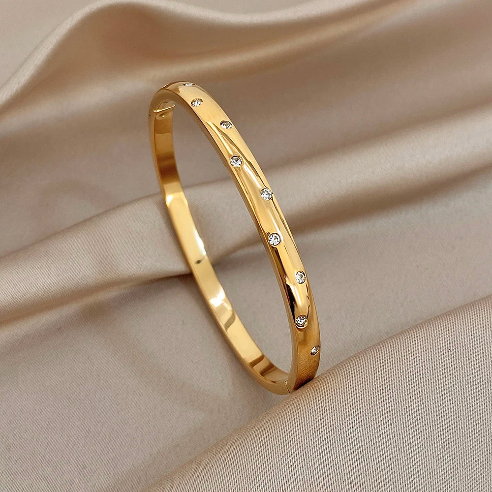 Exquisite Gold Plated Stainless Steel Cuff Bangles for Women Vintage Zircon Geometric Wristband Bracelets Waterproof Jewelry