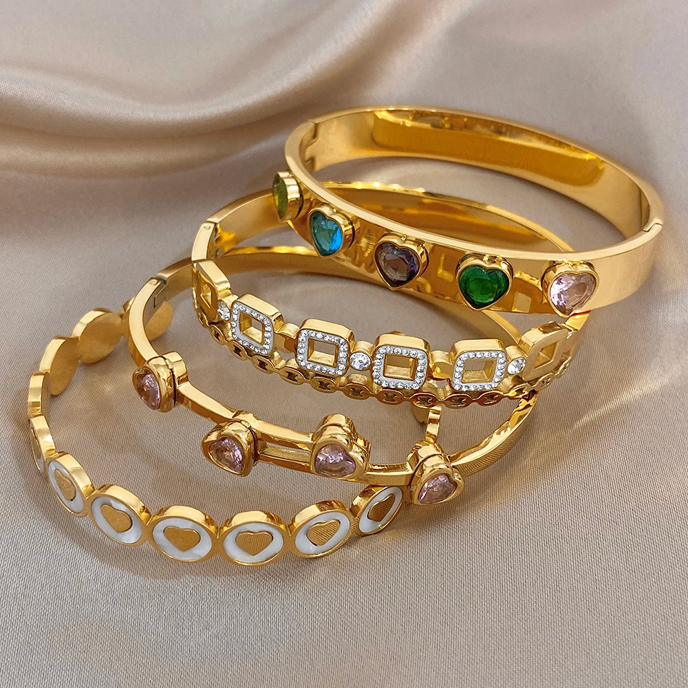 Gold-plated cuff bangles with colorful heart and square zircon stones on wide bands