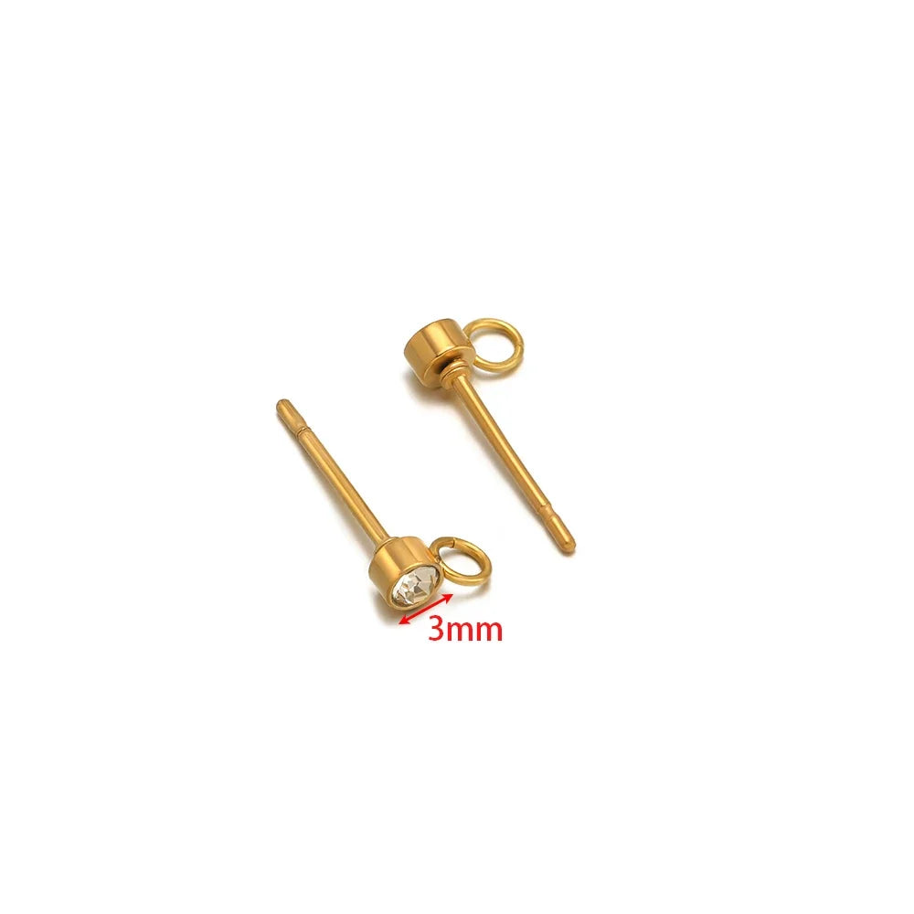 Gold zircon stud earring posts with loop hook, 3mm round stones, pair