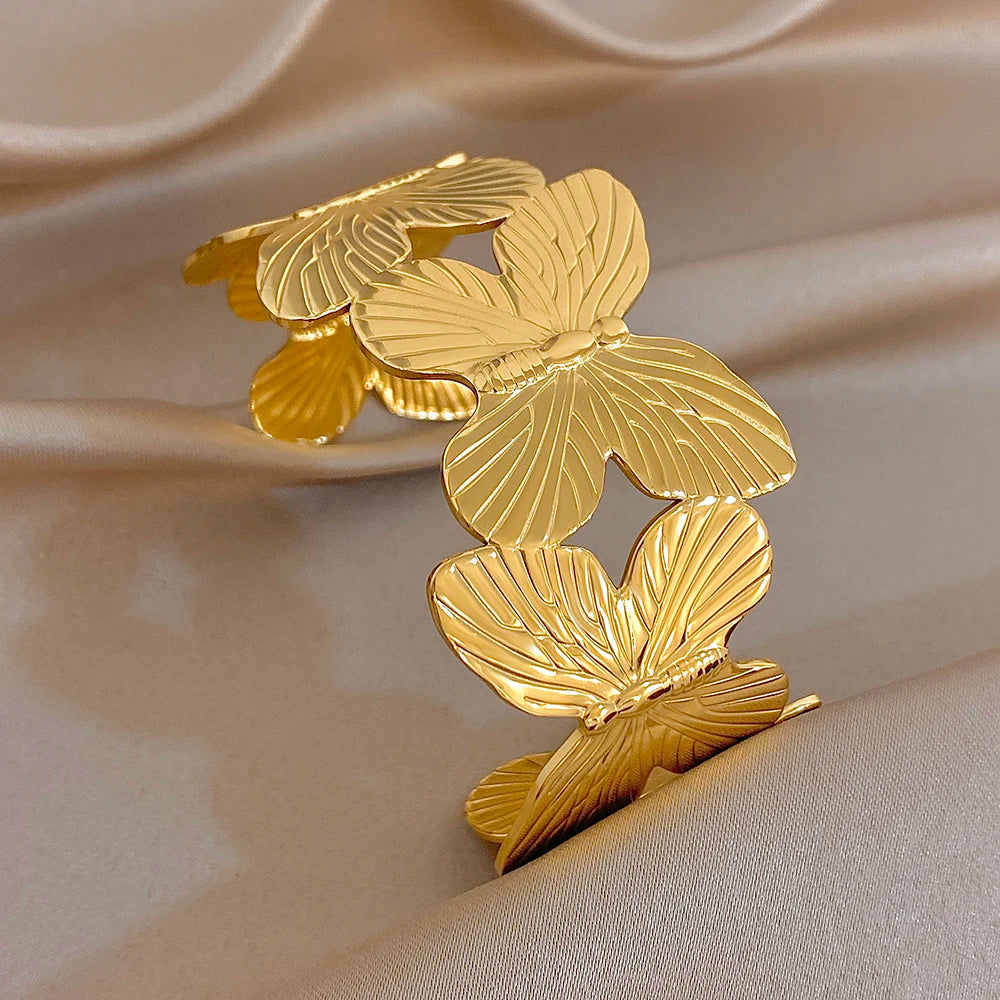 Exaggerated Gold Plated Stainless Steel Cuff Bangle Bracelet for Women Fashion Flower Butterfly Bracelets Waterproof Jewelry Set