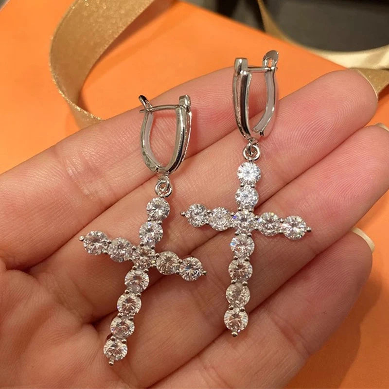 Fashion Round Cubic Zirconia Cross Dangle Earrings For Women m17