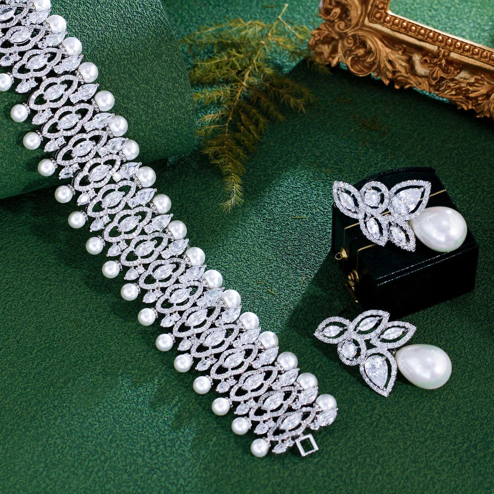 Cubic zirconia choker necklace with teardrop pearl earrings, matching set