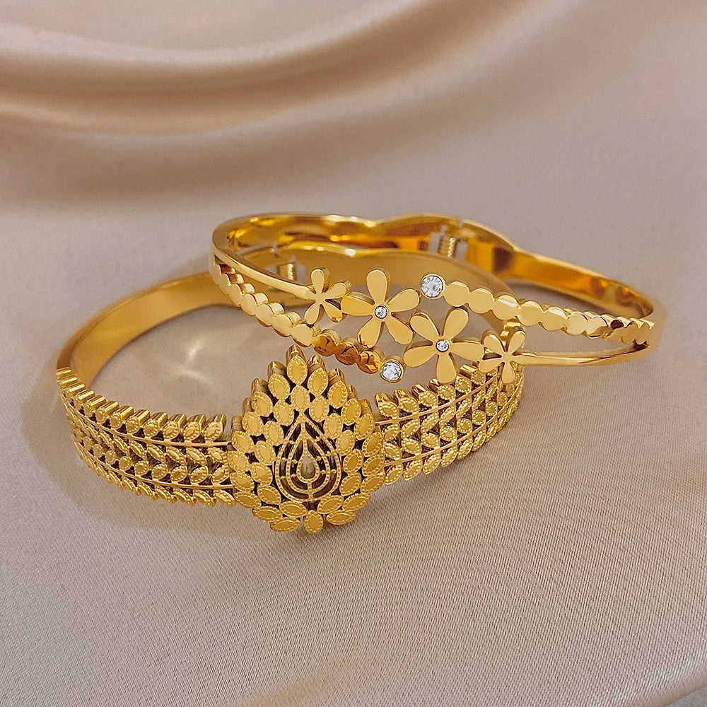 Chic Stainless Steel Gold Plated Cuff Bangle for Women Exaggerated Leaves Flower Chunky Bracelets Waterproof Jewelry Set
