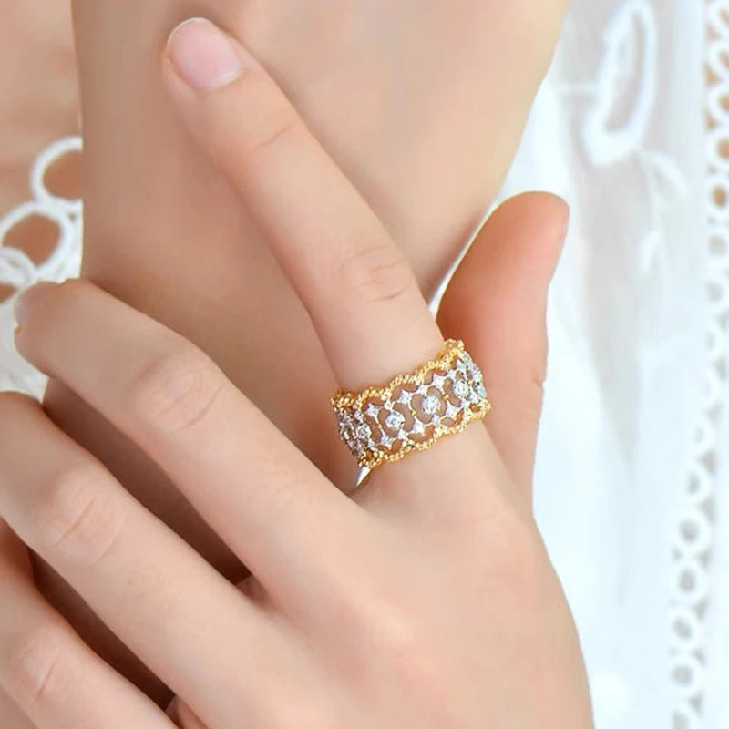 Luxury Hollow-out Design Ring For Women Two-tone Style Zirconia Jewelry