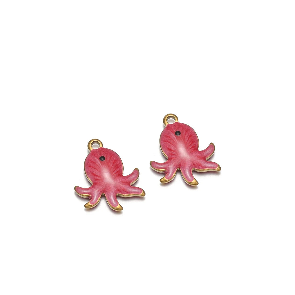 Red enamel octopus charms with gold-tone loops, two-piece set