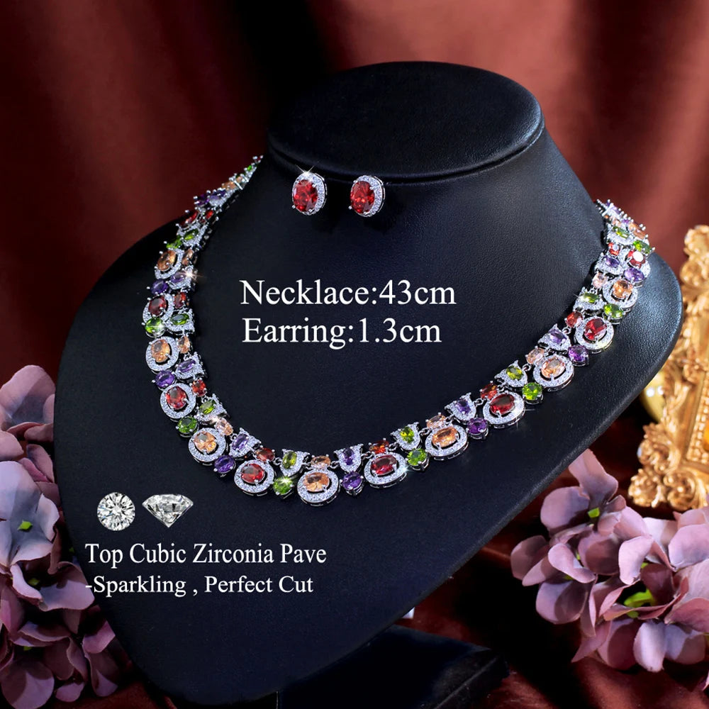 Luxury Geometric Multicolor Cubic Zirconia Earrings Wedding Costume Jewelry Sets For Women Boho Party