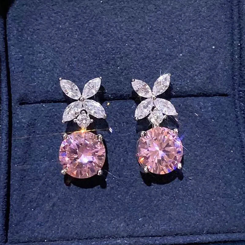 Silver Color Pink Cubic Zirconia Flower Dangle Earrings for Women m32