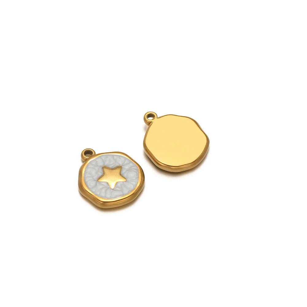 Enamel star charm pendant with light gray enamel and gold star on round bezel