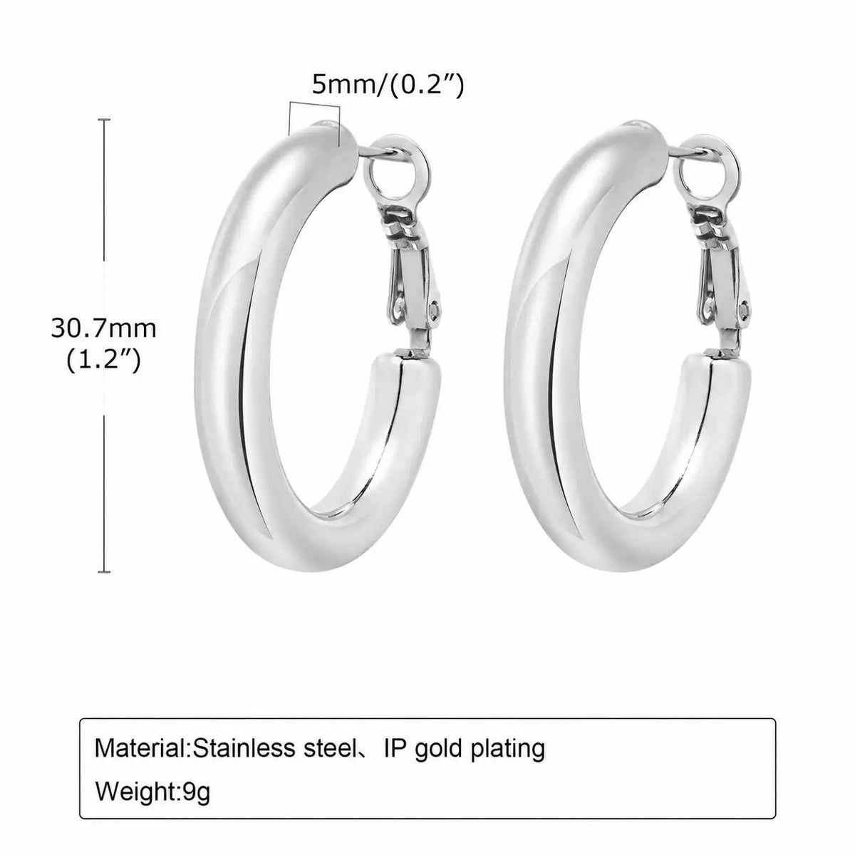 Silver chunky hoop earrings, 30.7 mm diameter and 5 mm wide