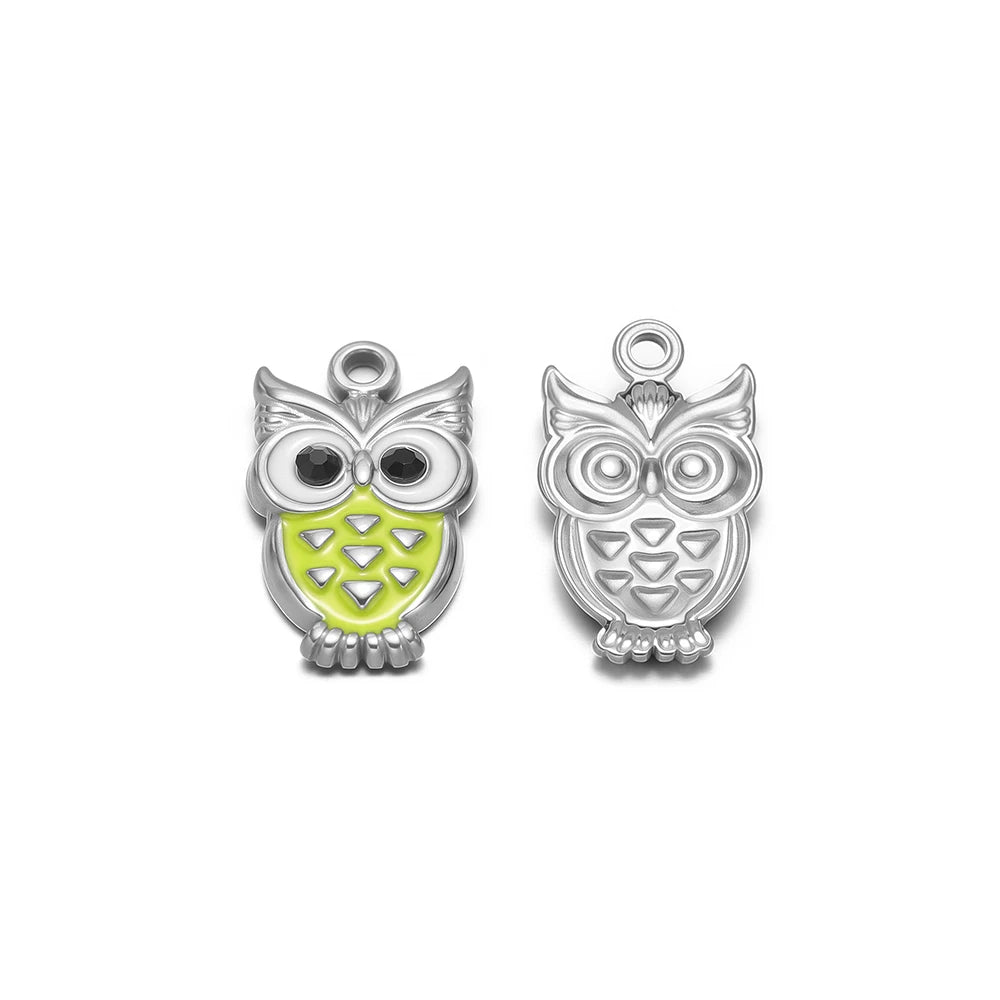 Silver-tone owl enamel charm pendants with hanging loop, green enamel belly, front/back pair