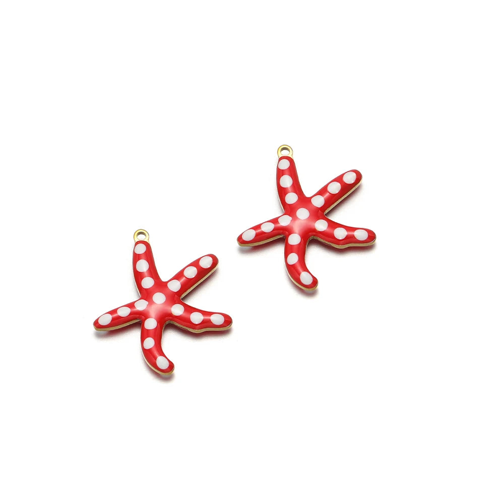Red enamel starfish charm with white dots and gold loop, set of 2