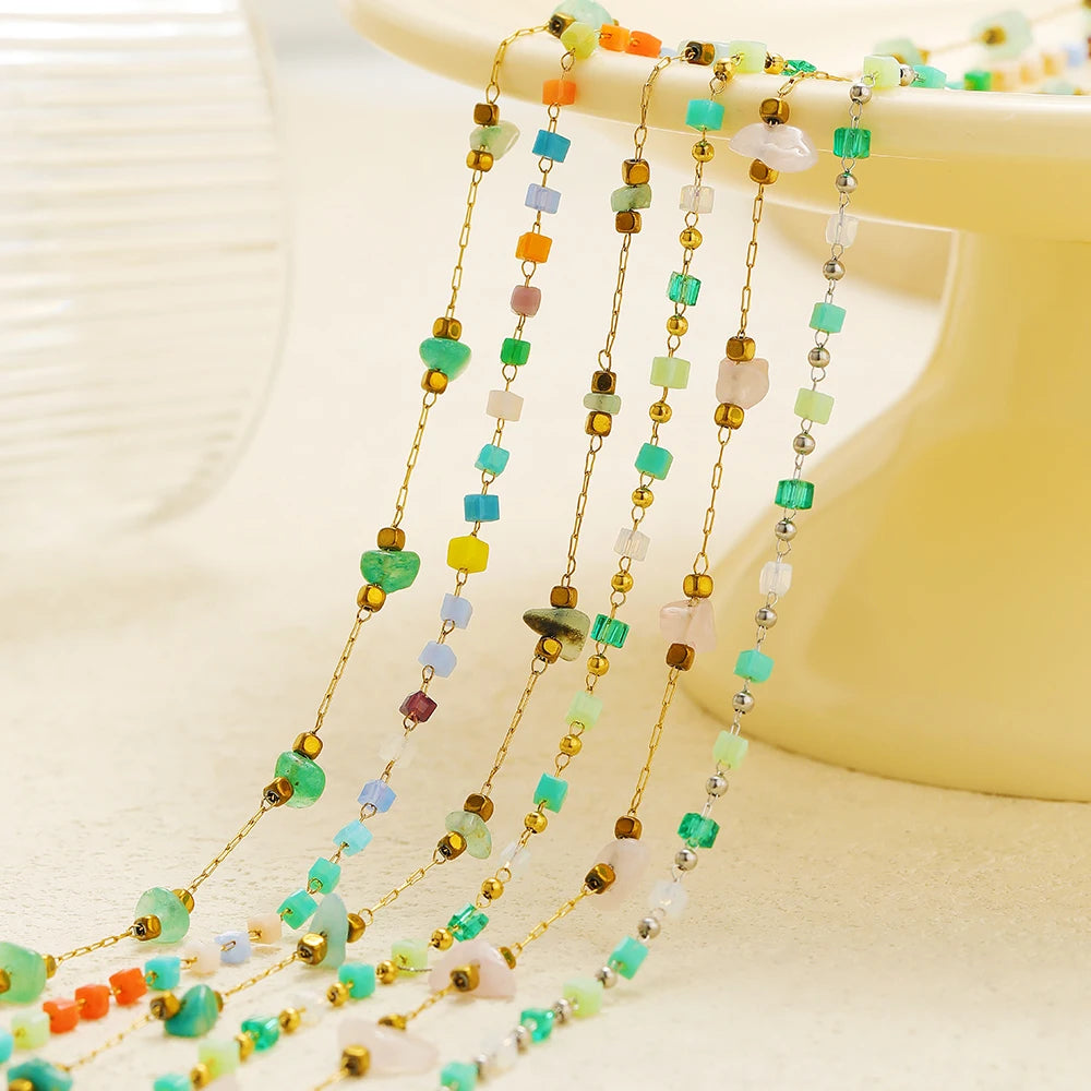 Irregular glass bead link chain necklaces with multicolor cube beads and gold-tone links