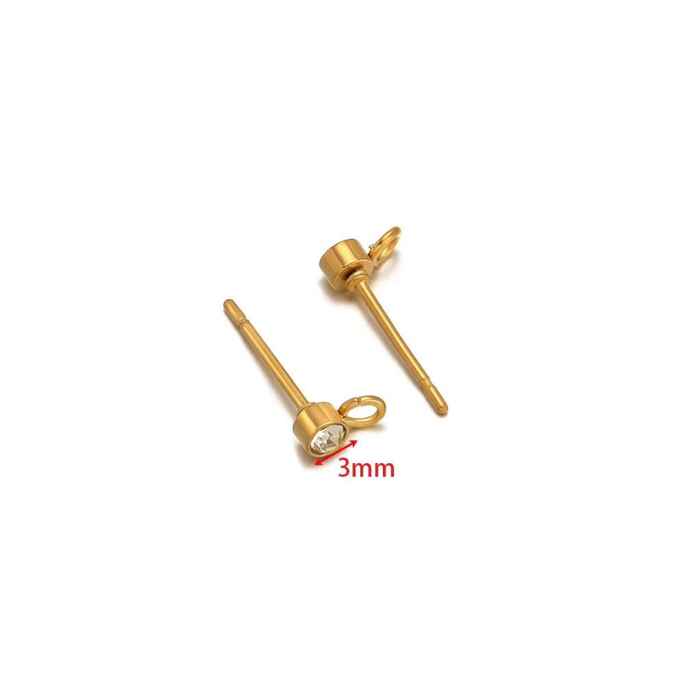 Gold-tone zircon stud earring post pair, 3mm round crystal, loop backs