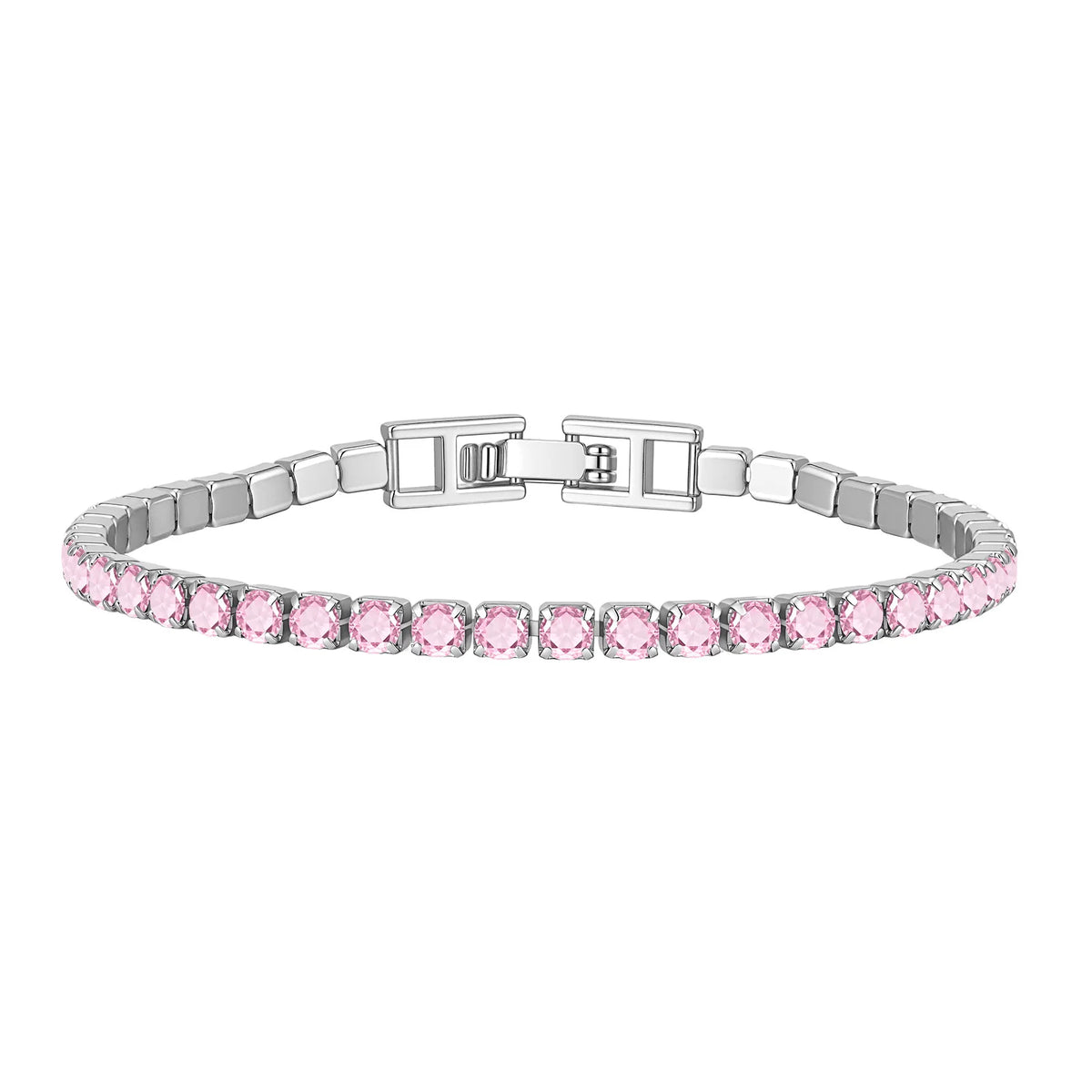 Pink tennis bracelet with silver-tone links and oval cubic zirconia stone row