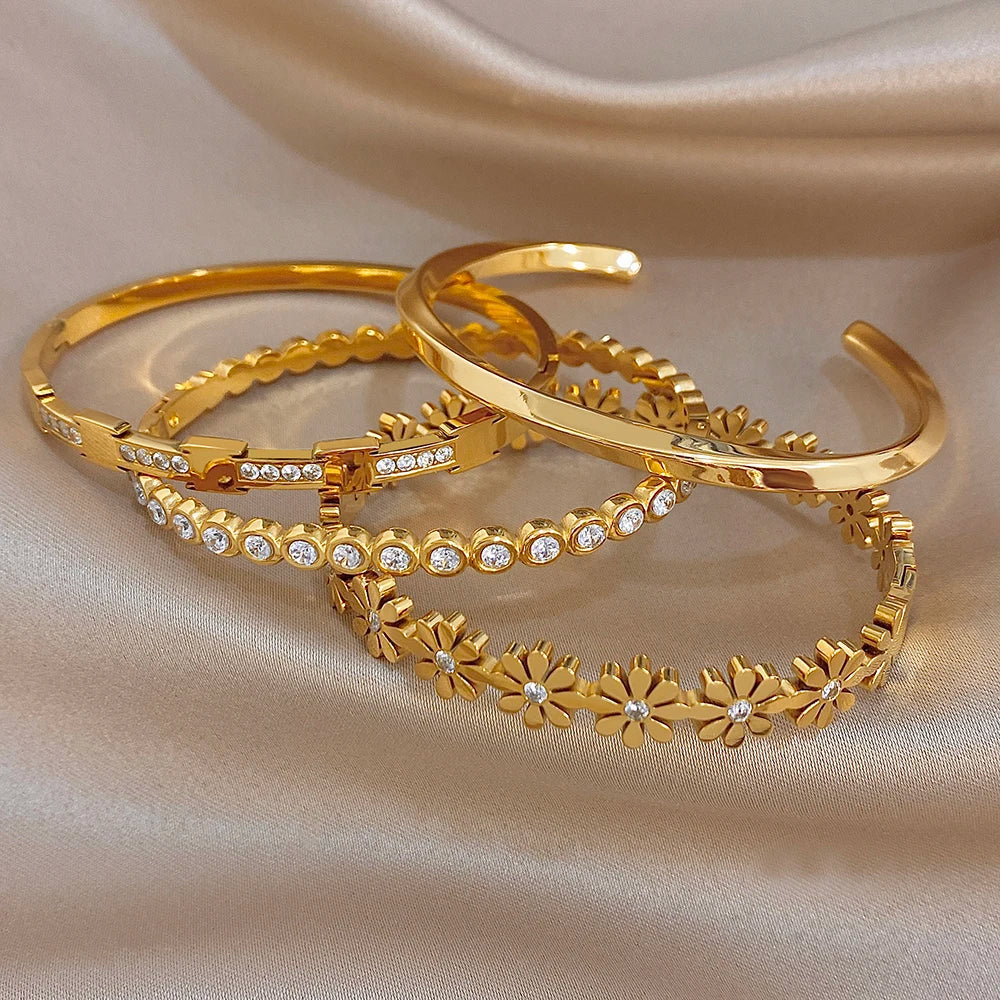 Delicate Zircon Flower Geometric Cuff Bangle for Women Glossy Gold Plated Stainless Steel Wristband Bracelets Waterproof Jewelry