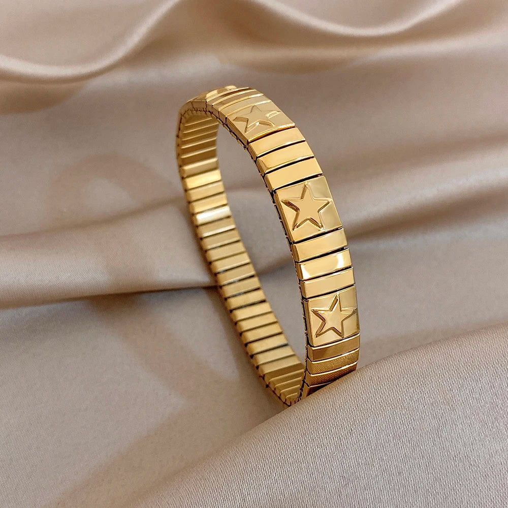 Fashion Star Textured Stainless Steel Bracelet for Women Men Adjustable Elastic Watchband Bangle Bracelets Waterproof Jewelry