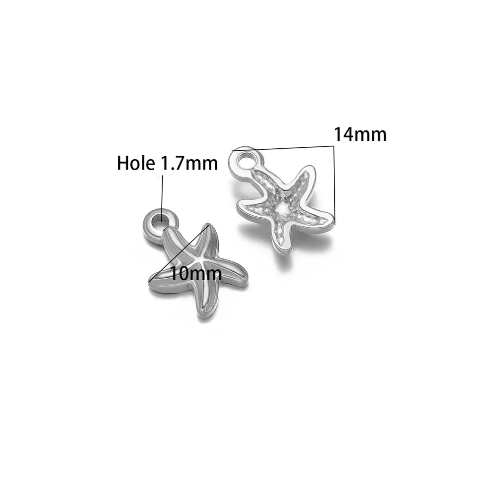 Stainless steel starfish charm pendants, 14mm and 10mm, with 1.7mm holes