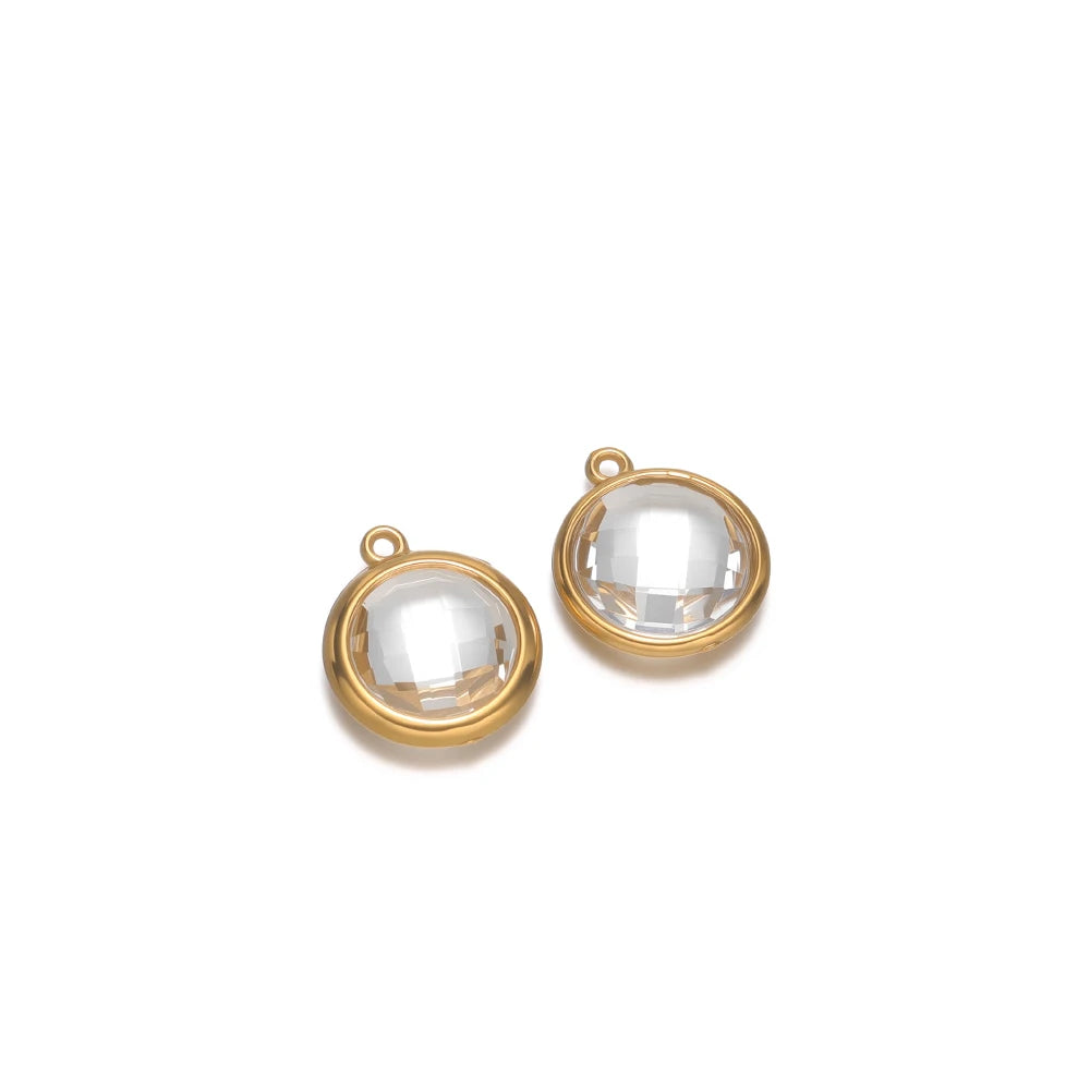 Round clear faceted glass charm pendants with gold-tone frames and loop hooks