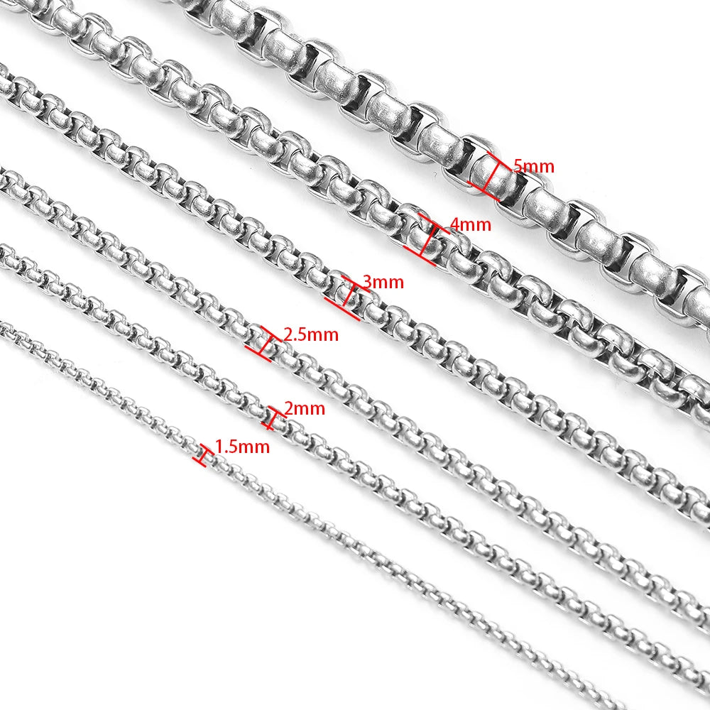 Silver rolo box chain strands with size labels (1.5–5 mm)