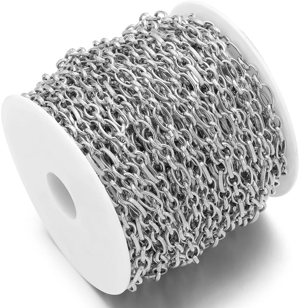 Silver embossed flat chain spool, tightly linked oval chain for DIY