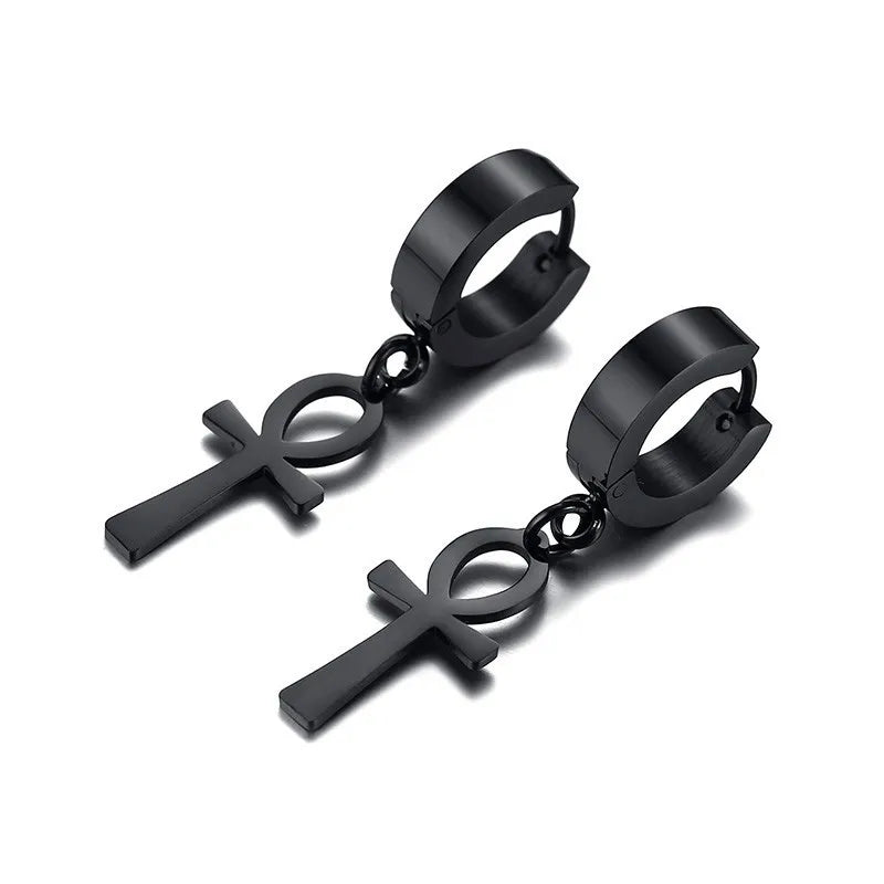 Black cross drop hoop earrings with dangling cross and loop accents
