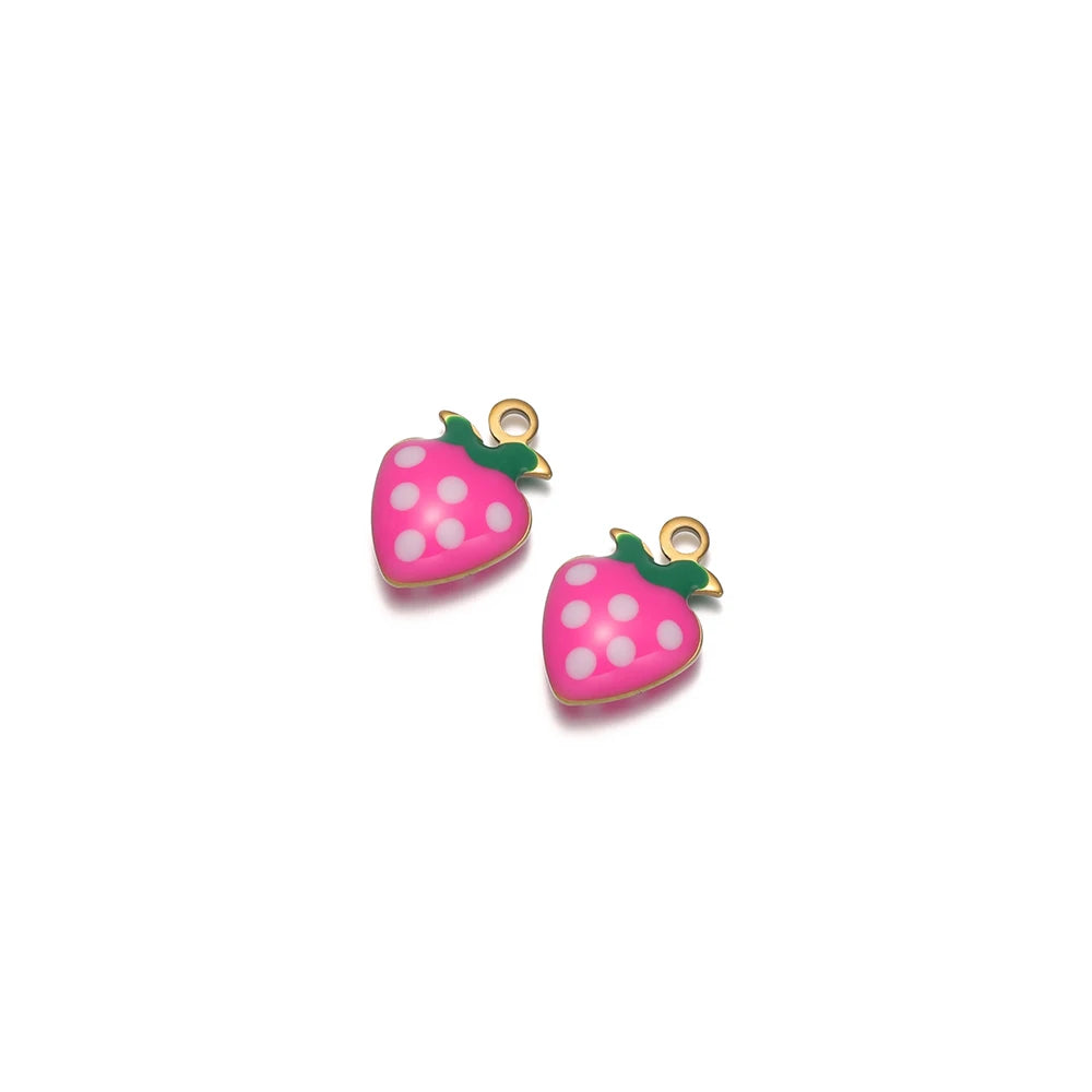 Hot pink strawberry drop enamel charms with gold-tone loop and green leaves, white polka dots