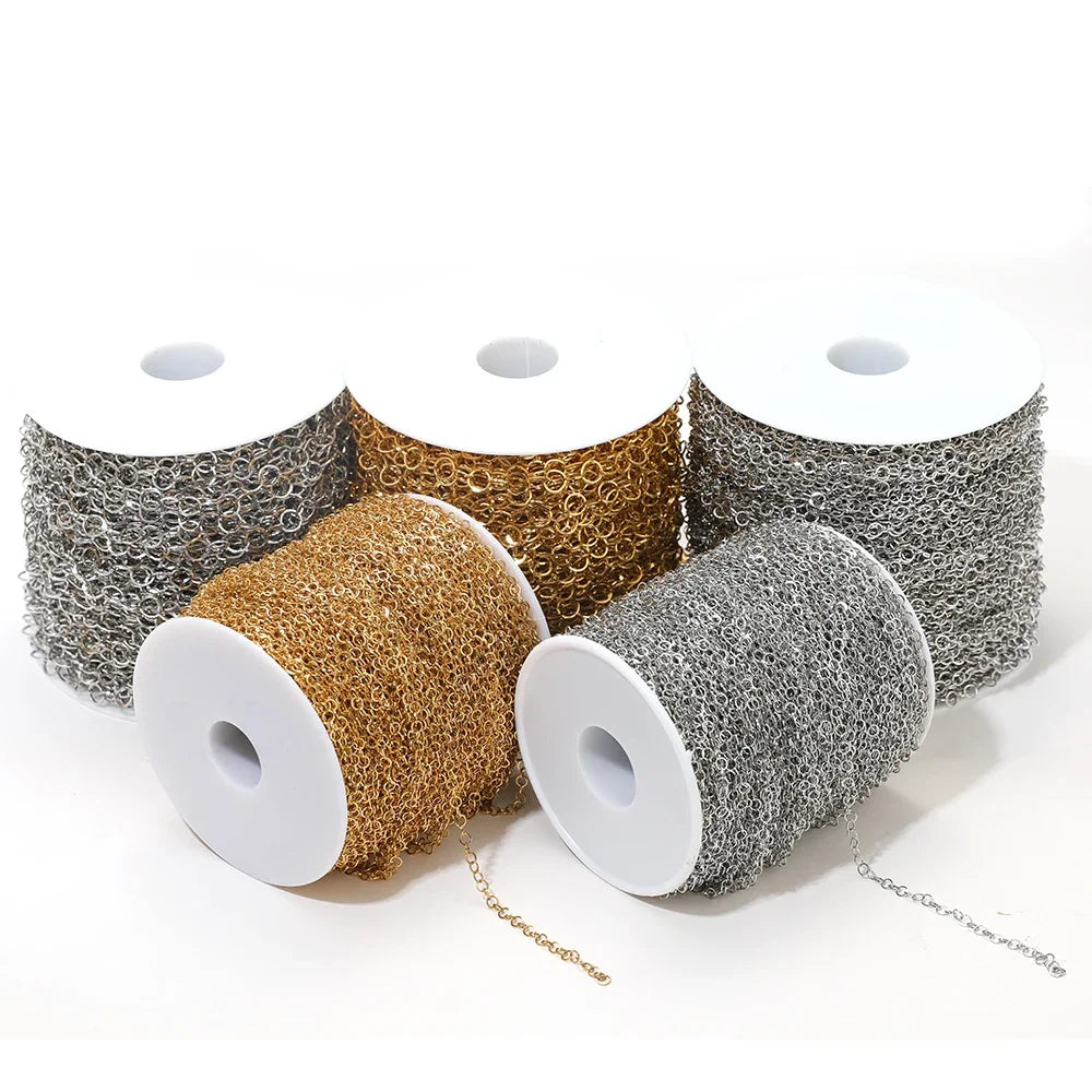 Gold and silver o-ring link chains on white spool holders