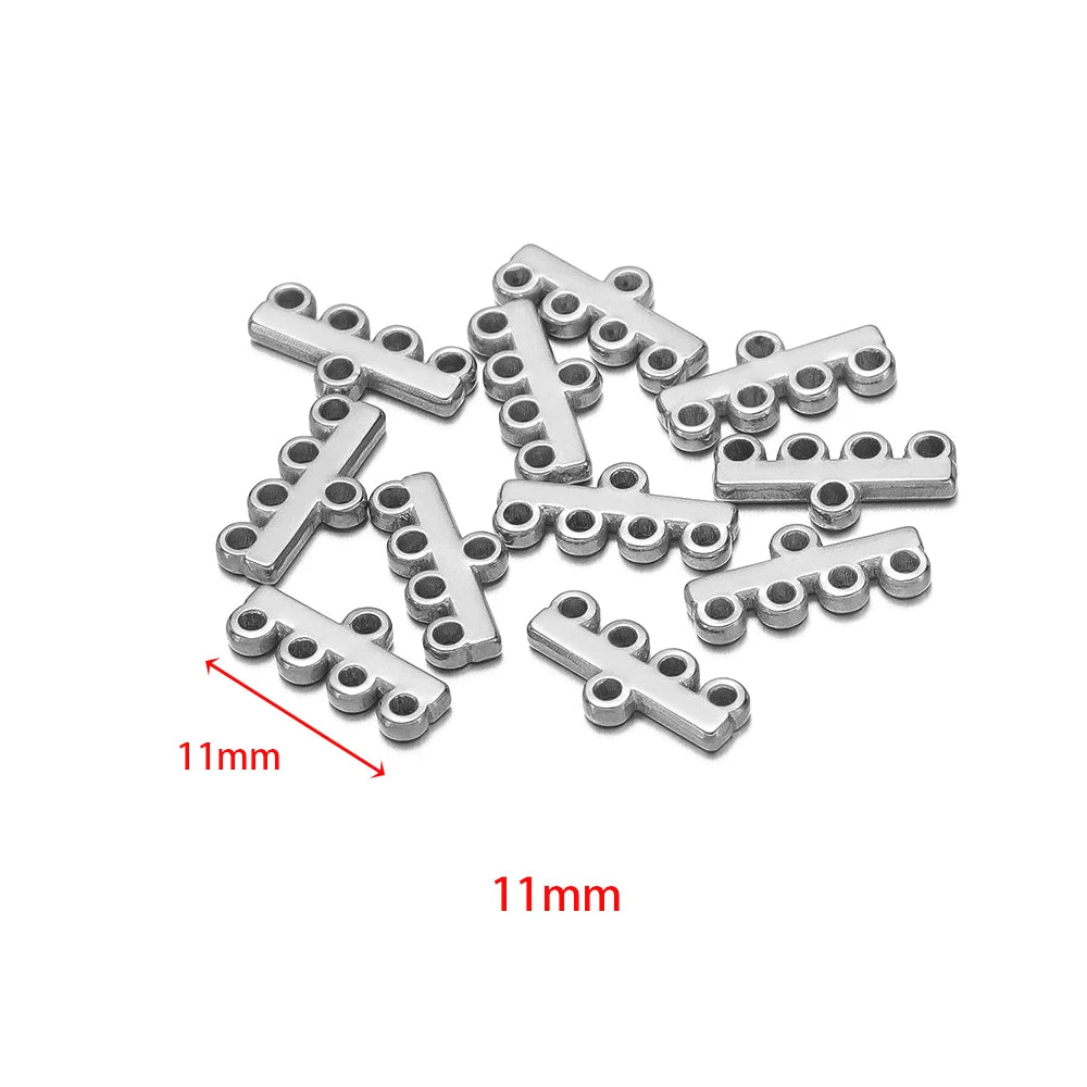 Silver-tone multilayer clasp bail connectors, T-shaped bar links with side holes, 11mm