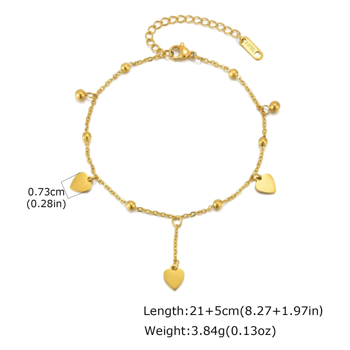 Gold heart charm anklet with beaded chain, heart dangles, and hanging heart pendant